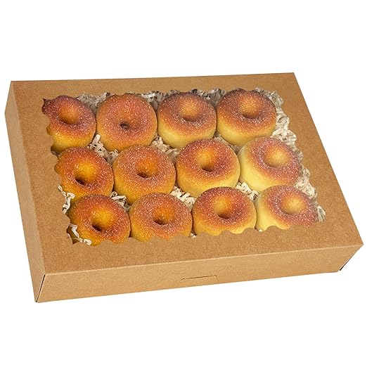 qiqee Auto-pop Up 16x10.5x2.5 Inch Brown Cookie Box with Window 24Pcs Bakery Pastry Macaron Bakery Box for Packaging