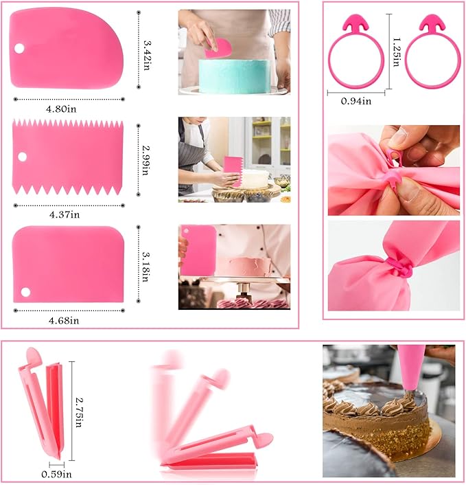 36Pcs Pink Piping Bags & Tips Set,24 Stainless Steel Nozzle Icing Tips With 2 Reusable Silicone Pastry Bag,Icing Smoother,Silicone Baking Cups,2Couplers Cake Decorating Tools Kit For Baking Decorating