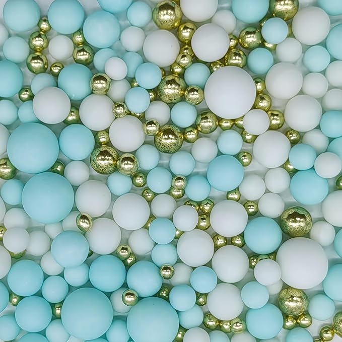 Edible Blue & White & Gold Sugar Pearls Sprinkles Candy Mix Size Pearls Cake Decorations Cupcake Toppers Decorating Perfect for Wedding Party Valentine Christmas Supplies 4.58OZ