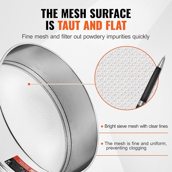 VEVOR Flour Sieve, 10 Mesh Sifter, 304 Stainless Steel Food-grade Fine Mesh Strainer, Dia. 12.6" for Baking, 5 Sizes Mesh Hole for Mungbean, Rice, Pearl Powder