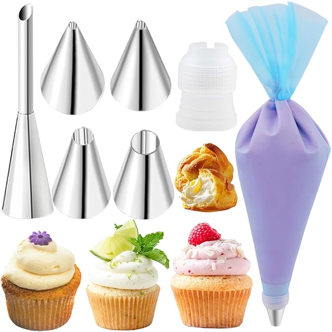 FANTEXY 7 Pieces Piping Tips and Bag Set,Cake Decorating Kit with a Reusable Pastry Bag,5 Round Piping Tips for Cake Writing,Cupcake Frosting Piping Kit,Stainless Steel Tips for Puffs,Macaron Cookie