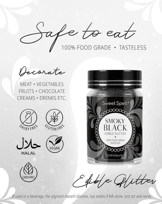 Sweet Spell Edible Glitter (15g) - Shimmer Sparkles for Drinks, Cakes, Cocktails - 100% Edible & Food Grade Glitter, Vegan, Gluten-Free (Black)