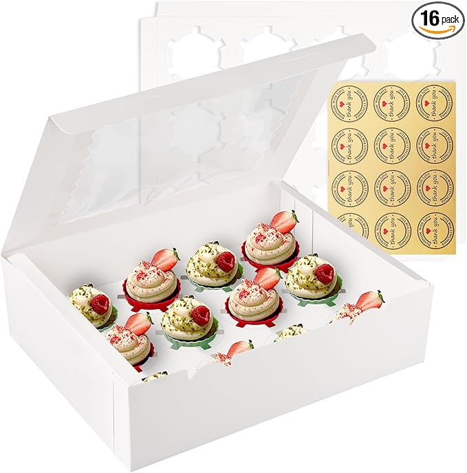 16 Sets of 12-Count White Cupcake Boxes with Window and Insert, 13x10x3.5 Inch, Suitable for Cupcakes, Muffins, and Cookies