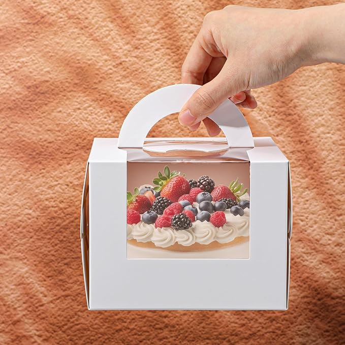 25 Pcs 5 x 5 x 4 Inch White Cake Boxes with Handle & Boards, Easy Carrying Paper Cakes Containers, Cake Holder Window Carriers for Birthday Christmas Birthday Wedding, Party, Gift
