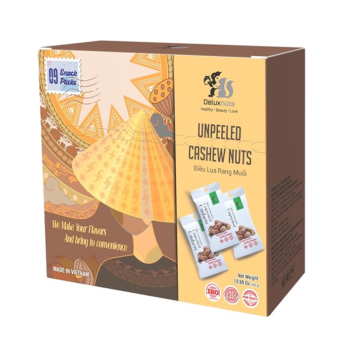 DELUXNUTS Salted Cashews with Skin (9 Packs), Whole Cashew Nuts, Individual Packs, Healthy Snack for Kids & Adults, Good Source of Protein, Gluten-Free