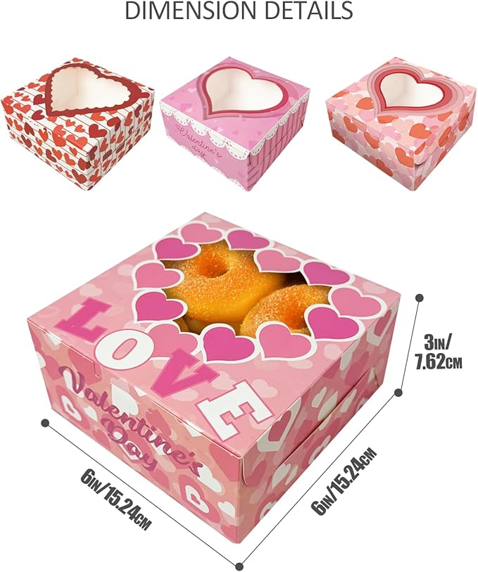 Bakepacker Valentine 30-Packs Bakery Boxes with Window 6x6x3 inches Thick & Sturdy Macaroon Pastry Boxes Cookie Boxes for Bakerys