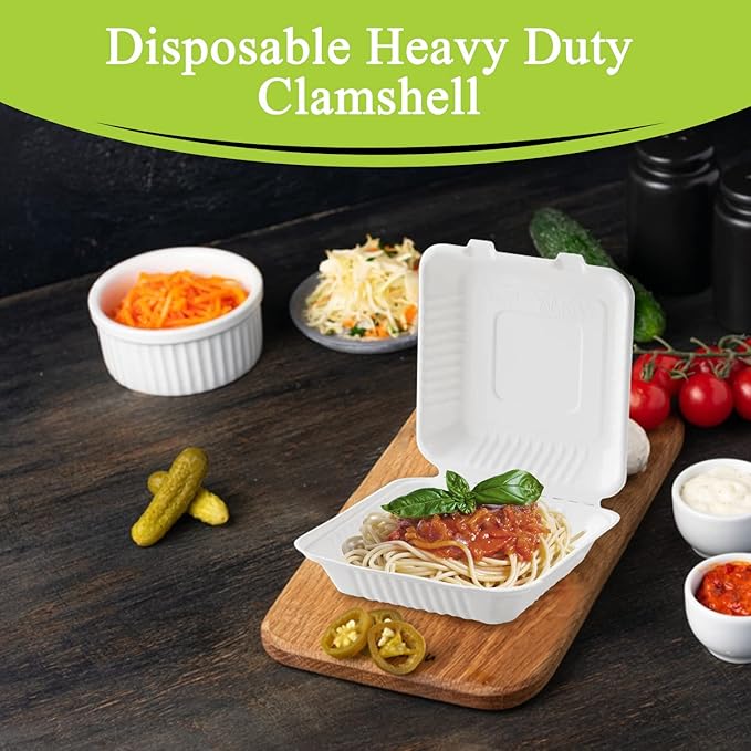 three leaf 9" X 9" 1 COMPARTMENT BAGASSE CLAMSHELL, 100 Ct. Heavy-Duty- Super Strong- Natural- Eco-Friendly Disposable Bagasse Clamshell, 100% Biodegradable 9 inch clamshell