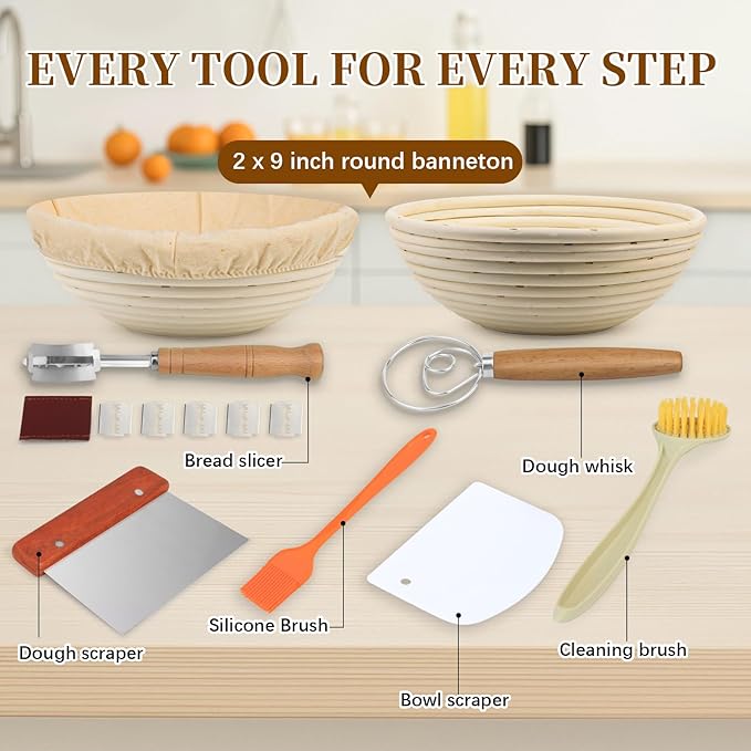 Banneton Bread Proofing Basket Set of 2 9 inch Round Dough Proofing Basket，Sourdough Starter Kit with Linen Liner, Lame, Dough Whisk,Complete Sourdough Bread Baking Supplies