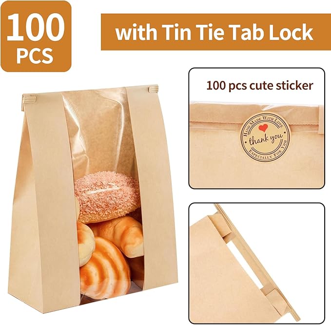 100 Pack Paper Bread Bags for Homemade Bread 14x8.3x3.5 Inches Sourdough Bags with Tin Tie Tab Lock Clear Front Window Large Kraft Bakery Bag, 100 PCS Sealing Stickers