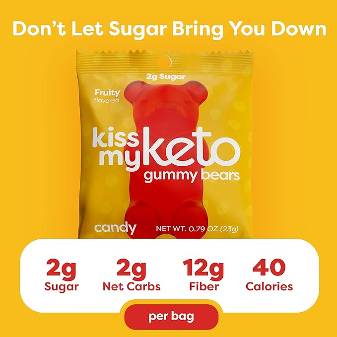 Kiss My Keto Sugar Free Gummy Bears, 12-Pack – Satisfy Cravings while Staying in Ketosis – High Fiber, 3g Net Carbs, Non-GMO, Vegan, & No Gluten – Fruity Sugar Free Gummies