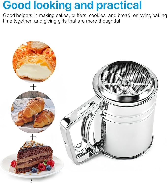 Flour Sifter for Baking, 304 Stainless Steel 3 Cup Flour Sieve Fine Mesh Screen Powder Sifters for Quick Sifting, Double-layer Squeeze Baking Sifters for Cooking Baking Kitchen Sugar Utensil DIY Tool