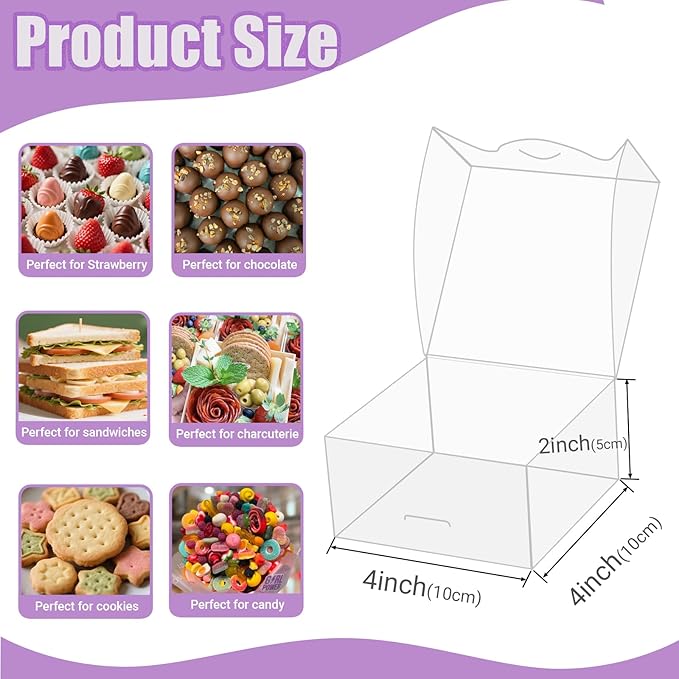 100pcs 4x4x2 Inch Clear Pastry Gift Boxes - Bakery, Cookie, Soap, Donut, Chocolate Covered Strawberries, Truffle, Brownie Cake & Treat Boxes for Party Favors & Wedding