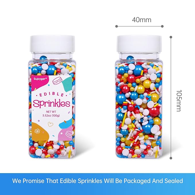 Red Blue and Yellow Sprinkles for Cake Decorating, 3.52oz Funfetti Edible Pearl Sprinkles for Cupcake Baking Ice Cream Cookie, Party Cake Decoration