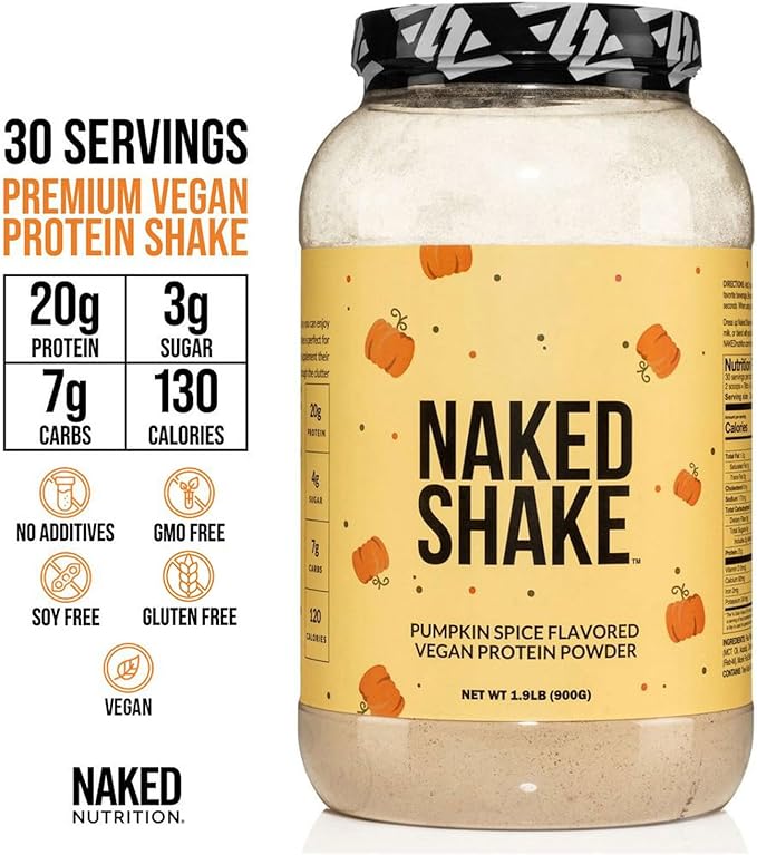 Naked Shake - Pumpkin Spice Protein Shake - Flavored Plant Based Protein with MCT Oil - Gluten-Free, Soy-Free, No GMO Or Artificial Sweeteners - 30 Servings