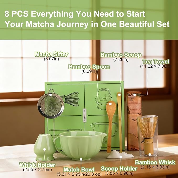 Matcha Whisk Set, 8 Piece Japanese Matcha Making Kit with Ceremony Set with Sifter, Bowl, Holder, Whisk, Scoop for Traditional Tea Ceremony, Ideal Gift for Home & Kitchen