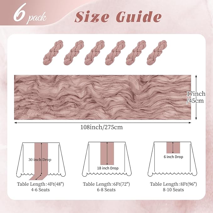 6 Pack Dusty Pink Cheesecloth Table Runner 17x108 Inch Semi Sheer Boho Gauze Cheese Cloth Fabric Table Runners, for Wedding Party Baby Shower Birthday Home Decor Garden Farmhouse