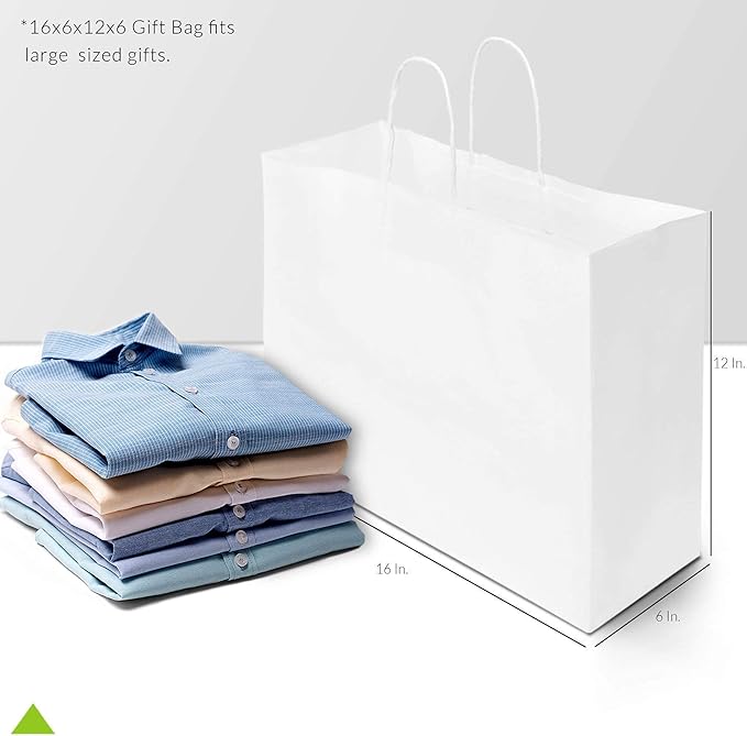 Prime Line Packaging White Gift Bags, Paper Shopping Bags with Handles for Small Business, Boutique, Merchandise, Retail, Party Favors, Bulk, 16x6x12, 100 Pack