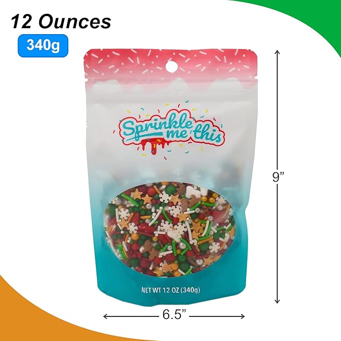 Christmastime Treasures - 12 Oz Resealable Bag - Christmas Themed Sprinkle Mix - Features Snowflake Quins, Santa Boot Quins, Red, Silver, and Green Pearls and More - Ice Cream and Cake Sprinkles