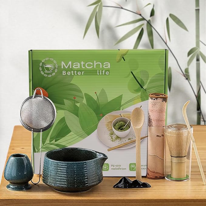 8 Pcs Matcha Whisk Set Chasen Matcha Whisk Bamboo Bowl with Spout Sifter Spoon Scoop Whisk Holder Bamboo Mat Complete Matcha Making Kit (Blue)