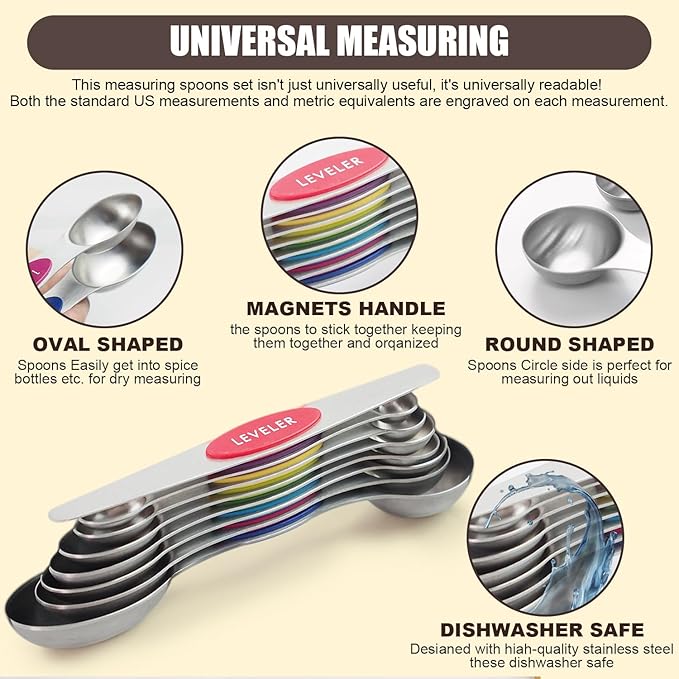 SHIKORI Magnetic Measuring Spoons Set of 8 Stainless Steel Stackable Dual Sided Nesting Teaspoons and Tablespoons for Measuring Dry and Liquid Ingredients-Multicolor