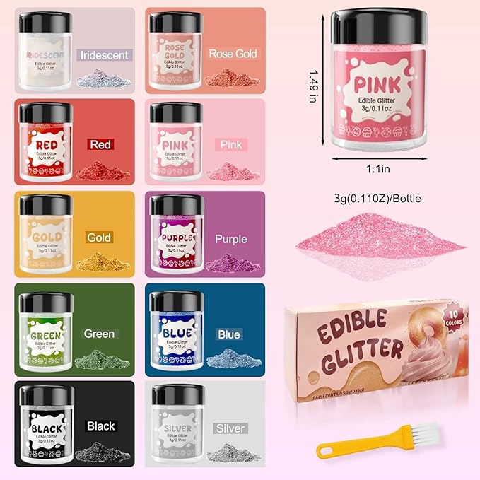 Christmas Drinks Edible Glitter Set for Cocktails - 10 Colors Luster Dust Edible, Drink Food Grade Shimmer Sprinkle Powder for Cakes, Wines, Candy, Cookie, Chocolate, Fondant, Vegan Decoration (3g/Bottle)