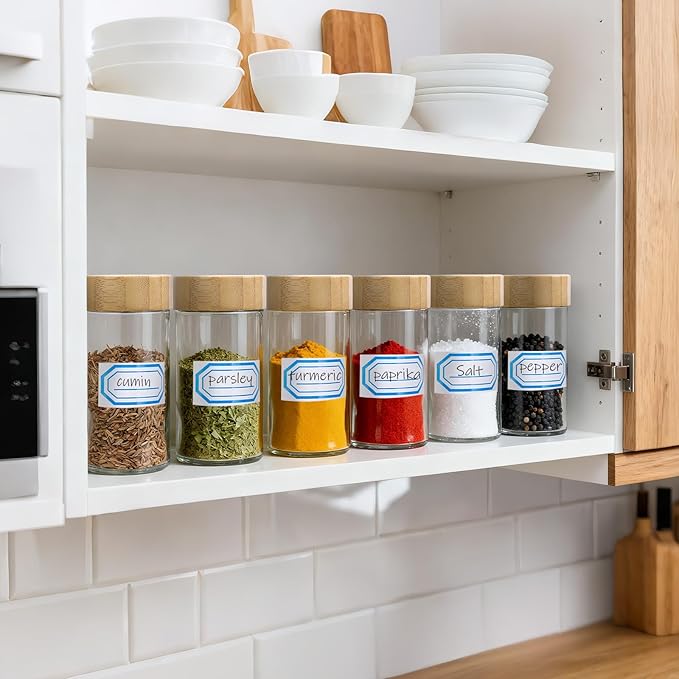 Segarty 3oz Spices Jars with Bamboo Shaker Lids, 6 Pack 90ml Round Spice Containers, Empty Glass Seasoning Organizers Spices Cereal Storage Set, Small Salt and Pepper Shakers, 7 Stickers and 1 Brush