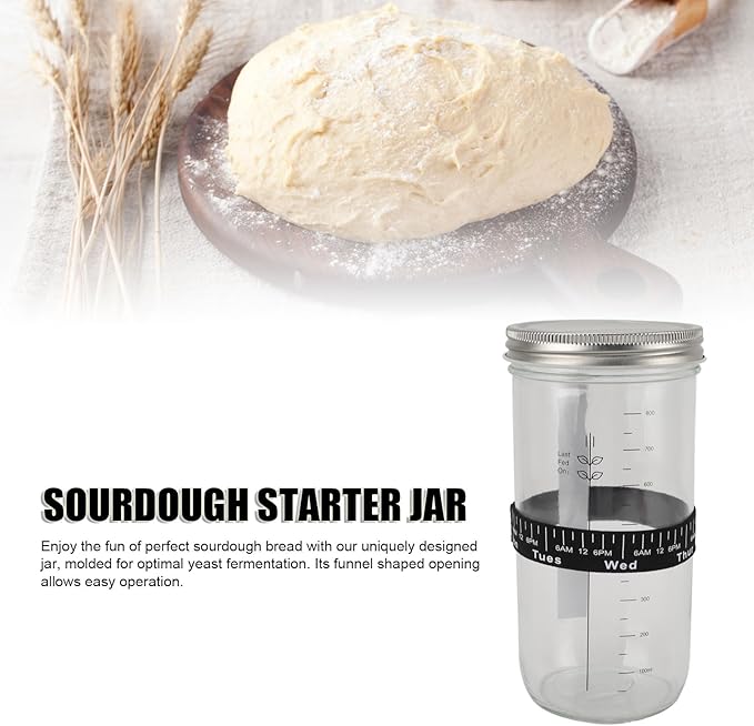 Sourdough Bread Starter Kit, Glass Jar with Markings and Thermometer for Ideal Yeast Fermentation, Bread Making Supplies for Home Bakers, 1000ml, 34oz