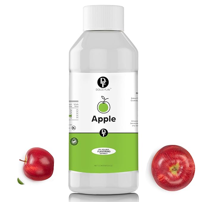 Dolce Flav Apple Extract – 8 Ounce Oil-Soluble Kosher, Sugar-Free, Concentrated Crisp Apple Flavoring for Baking, Chocolates & Desserts