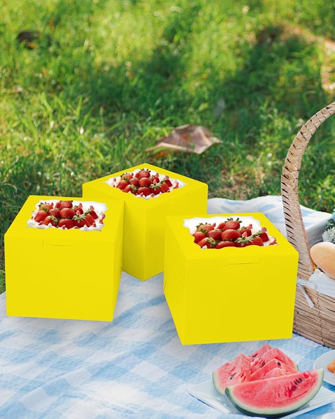 Bakepacker 36pcs 8x8x5 Inches Cake Boxes with Window 18-Packs Yellow Cake Boxes 8 Inch Bakery Boxes (18 Cake Boxes +18 Cake Boards Included)