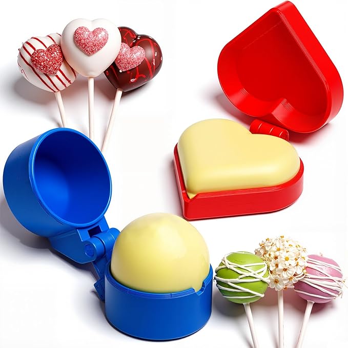 2 Pcs Round and Heart Cake Pop Mold Press Set, Sphere and Heart Cake Pop Cutter and Pusher, Baking Tools Accessories for Home Baking, Birthday Parties, Wedding Desserts