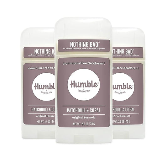 HUMBLE BRANDS Original Formula Aluminum-free Deodorant. Long Lasting Odor Control with Baking Soda and Essential Oils, Patchouli and Copal, Pack of 3