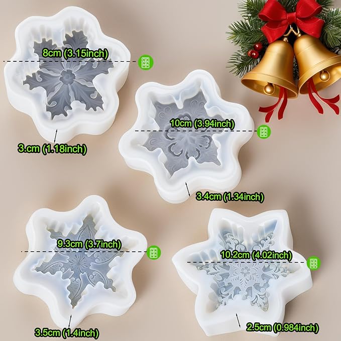 Snowflake Silicone Molds Christmas Snowflake Soap Molds Snowflakes Candle Mold 3D Christmas Silicone Chocolate Mold for Making Soaps Candles Bath Bomb Cookie Cake Candy Chocolate Muffins Ice(4 White)