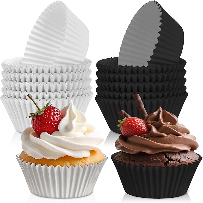 200PCS Black and White Cupcake Liners Mini Muffin Baking Cups Wrappers for Race Car Birthday Party Supplies Disposable Cupcake Papers for Black and White Soccer Party Decorations