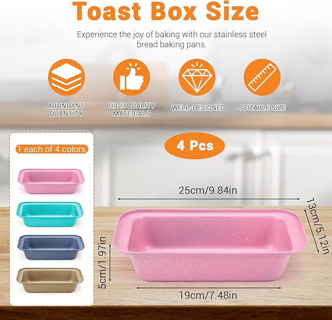 Huakaile 4 Pack Carbon Steel Loaf Pan, 9.8" x 5" Nonstick Bread Pan, Rectangular Loaf Tin Bakeware Set for Baking Cake Oven Sourdough Homemade (Gray, Gold, Pink, Blue)