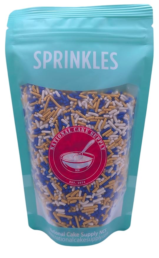 NCS Dark Blue, Gold, and White Jimmies Edible Sprinkles, 8 ounces