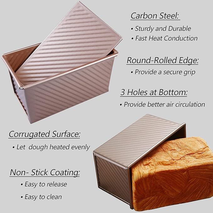Pullman Loaf Pan with Lid, 1Pound Dough Capacity Rectangular Bread Pan, Non-Stick Long Bread Pans for Homemade Bread, 9x4inch Pullman Loaf Pan with Dough Scraper Cutter for Sandwich Bread