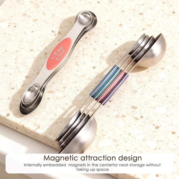 Stainless Steel Magnetic Measuring Spoons Set,Dual Sided Stackable Nesting Teaspoons Tablespoons for Measuring Liquids and Dry Ingredients,Set of 9 with Leveler, Strong Magnet,Multicolor