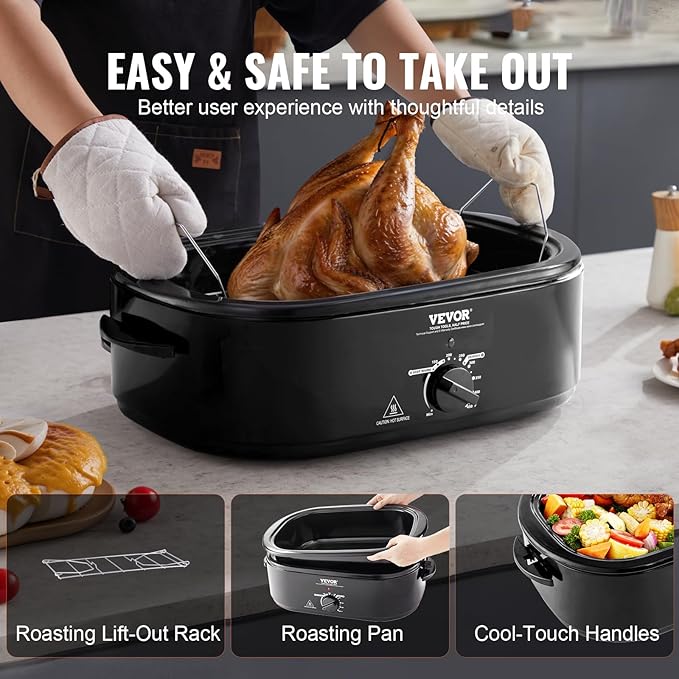 VEVOR Electric Roaster Oven with Defrost & Warm Function, 24 QT Turkey Roaster Oven with Self-Basting Lid, 1450W, Adjustable Temp, Removable Pan & Rack, Fits Turkeys Up to 28LBS, Black