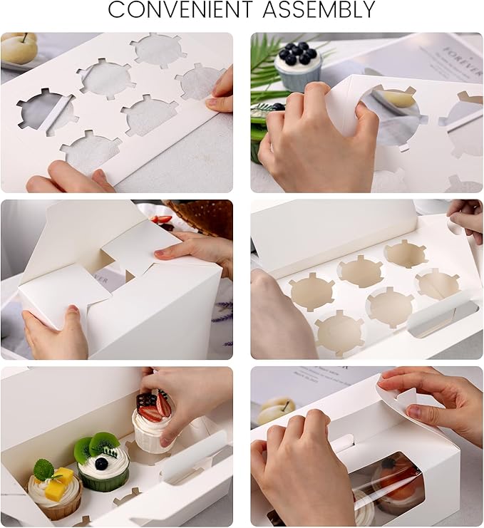 VGOODALL 6 Count Cupcake Boxes,8 Sets White Cupcake Containers with Window for Weeding Birthday Holiday Bakery Supplies Party Decorations 9.3" x 6" x 3.5"