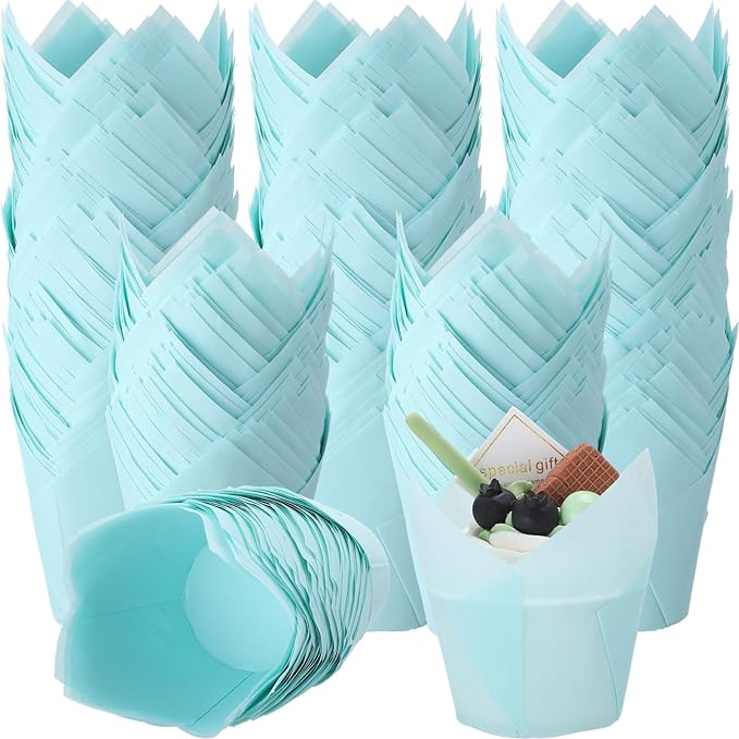 600 Pcs Tulip Cupcake Liners for Baking Muffin Liners Printed Baking Cups Holders Greaseproof Wrappers Decoration for Cupcake Bouquet Birthday Party Wedding Bride Shower (Light Blue)