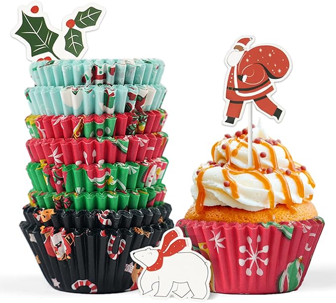 Standard 200 Pcs Christmas Cupcake Liners with 12 Pcs Cupcake Toppers, Christmas Muffin Liners, Baking Cups for Xmas Holiday Party Favors