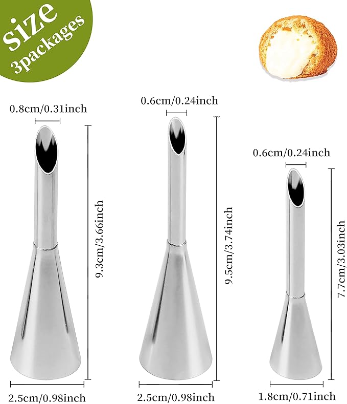 3Pcs Cream Icing Piping Nozzle Tips,Stainless Steel Long Cream Puff Nozzle Decor Small Pastry Icing Piping Decorating Tools
