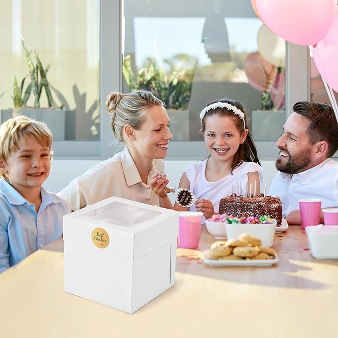 25Pcs 8x8x8 Inch Cake Boxes, White Bakery Boxes with Window, Square Disposable Cake Containers Package for Cookies Pies Bake Decorating Supplies Cupcakes Cajas Pasteles (15 Pcs Stickers)