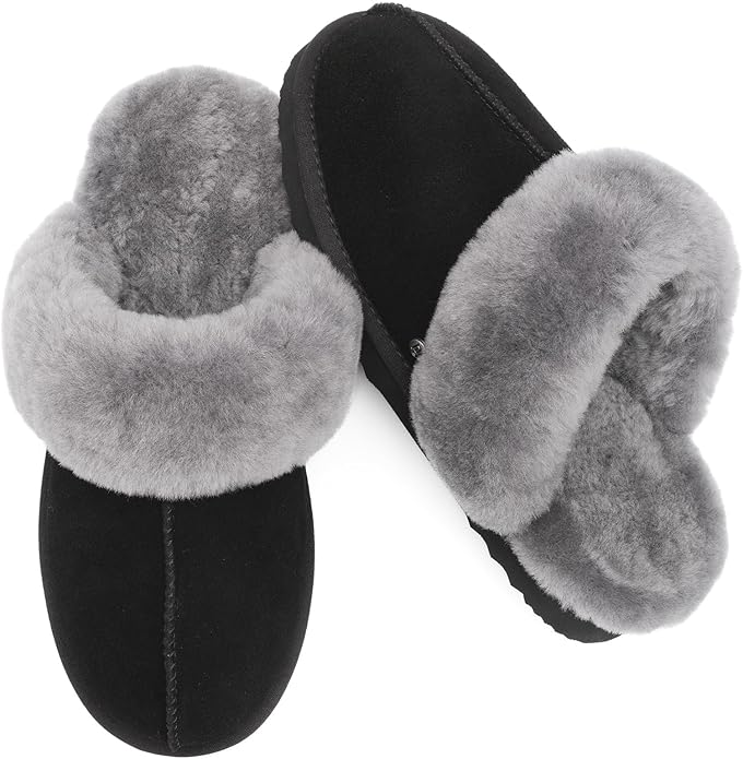Parfeying Women's Sheepskin House Slippers Indoor Outdoor Shearling Shoes for Women
