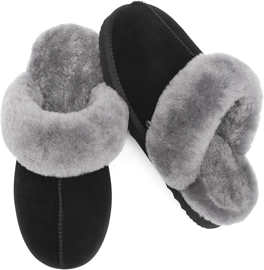 Parfeying Women's Sheepskin House Slippers Indoor Outdoor Shearling Shoes for Women