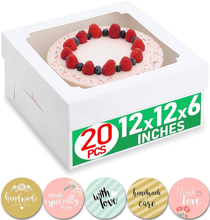12x12x6 Bulk 20 Pcs Cake Boxes 12 Inch with Window Clear Bakery Dessert Box Square White Large Disposable Pie Boxes Package for Bake Goods Paper Pastry Packaging Delivery Box (80 Pcs Stickers)
