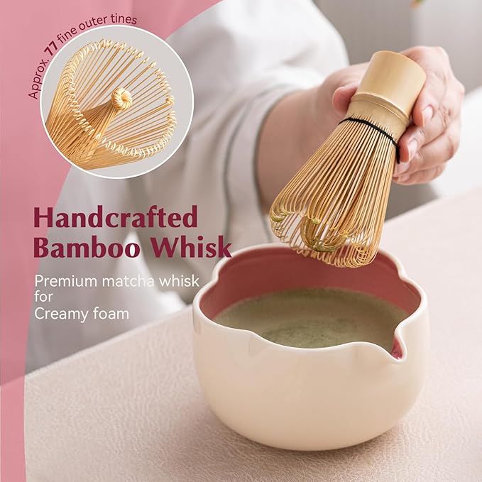 Matcha Set, 8Pcs Floral Ceramic Matcha Set with Matcha Whisk, Holder, Scoop, Scoop Rest, Sifter, Spoon and Tea Towel - Thoughtful Matcha Whisk Set Gift for Matcha Lovers (Beige & Pink)