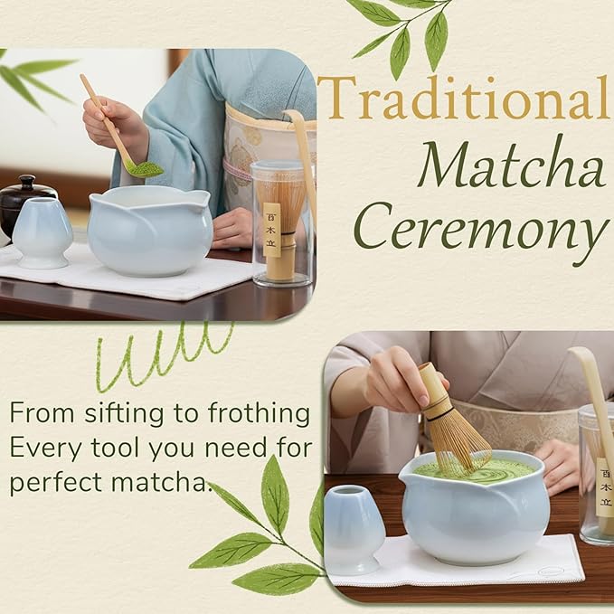 8 Pcs Matcha Whisk Set Chasen Matcha Whisk Bamboo Bowl with Spout Sifter Spoon Scoop Whisk Holder Bamboo Mat Complete Matcha Making Kit (Blue Petal)
