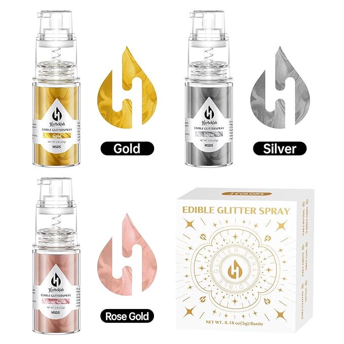 Edible Glitter Spray - 3 Colors Edible Spray Glitter Food Grade Metallic Shimmer Powder Gold Silver Rose Gold Cake Sprinkles for Cookie Decorating Chocolate Strawberry, 5g/Bottle