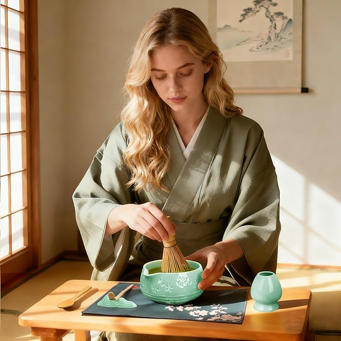 Matcha Whisk Tea Set: Ceramic Bowl with Spout, Bamboo Matcha Whisk & Spoon, Chasen Holder, Scoop Rest, Sifter, 8-Pcs Japanese Matcha Powder Kit–Gift for Ceremony & Matcha Lovers-Mint